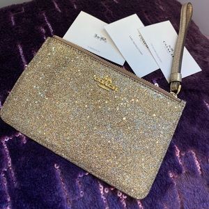 NWT - COACH Small Leather Wristlet in Champagne Glitter